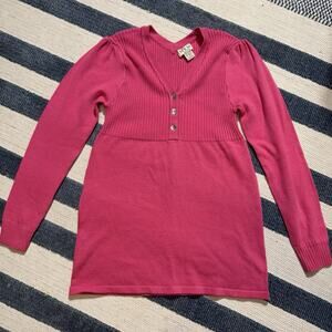 MKM Y2K Pink Ribbed Babydoll Tunic Sweater Coquette Puff Sleeve 2000s Casual